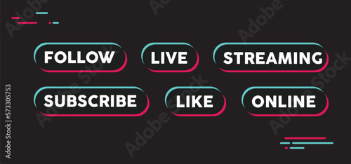 Social media call to action buttons. Streaming live online, follow, like and subscribe. Click here.