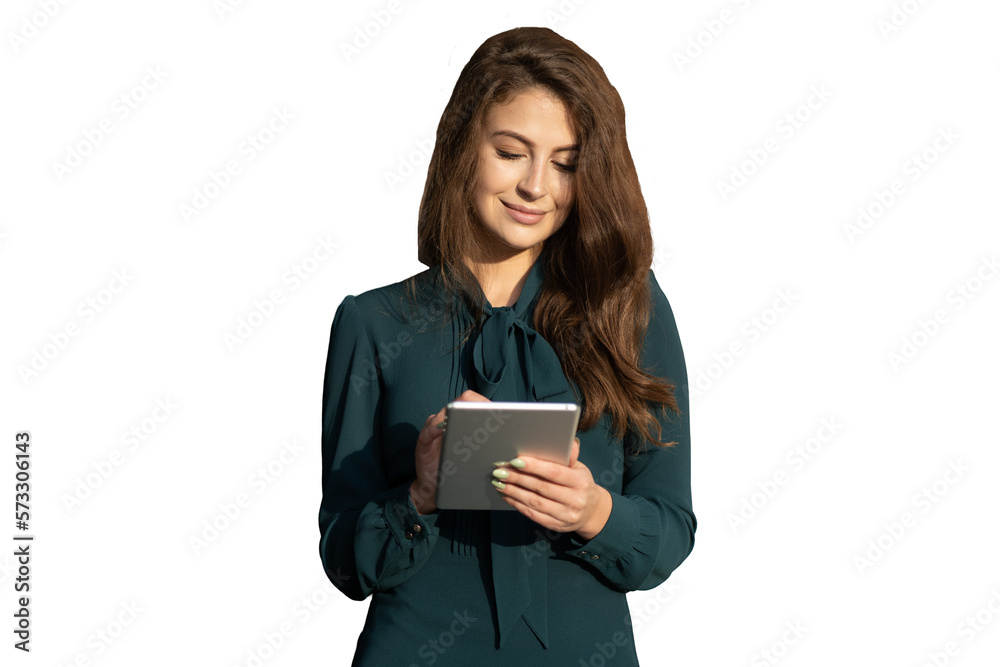 A woman surfs using a tablet looking at the screen office clothes isolated transparent background, png. A woman surfs using a tablet looking at the screen office clothes isolated transparent background, png.
