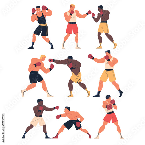 Professional boxers fighting set. Strong fighters in shorts and gloves sparring on isolated white background