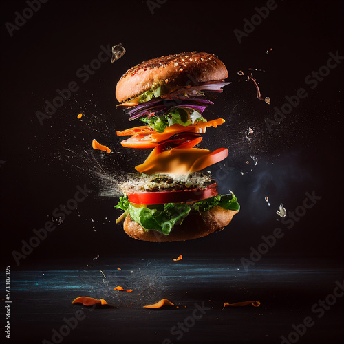 Sabrosa hamburguesa, foto de estudio con la hambuguesa en movimiento photo