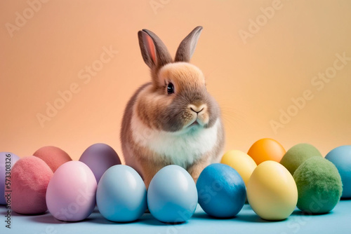 Easter colored eggs and a cute bunny on a pastel background. Generative AI