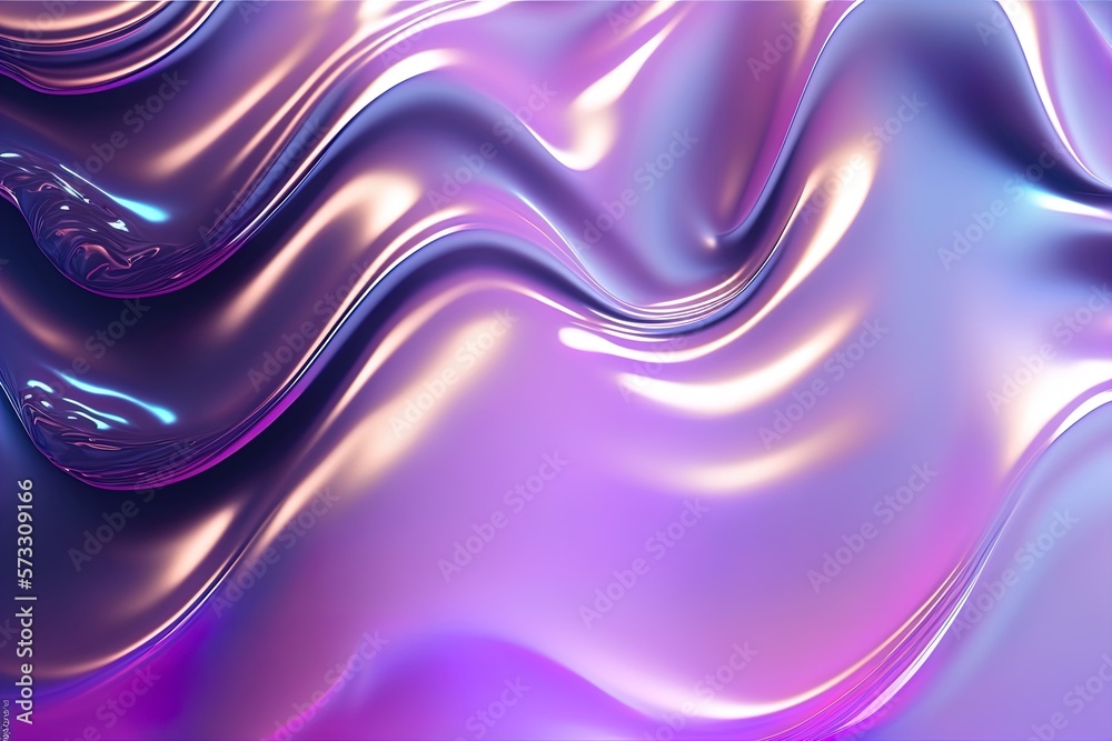 Fototapeta premium Abstract wavy liquid background in purple colors. Glosy fluid flow with curved waves. Foil vibrant color liquid surface.