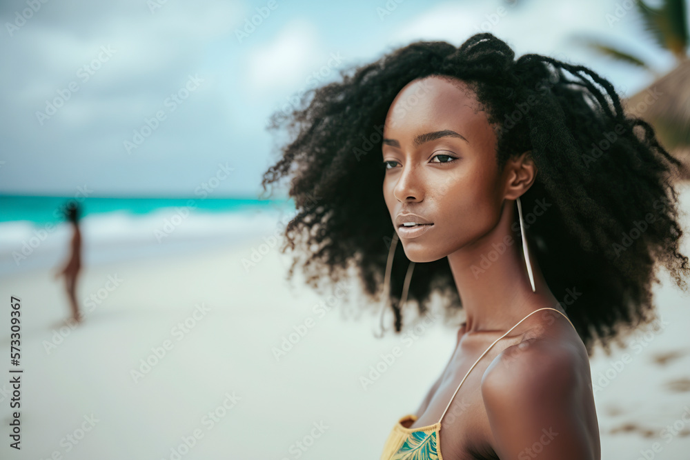 African young woman relaxing at beach, ai generative African young woman relaxing at beach, ai generative
