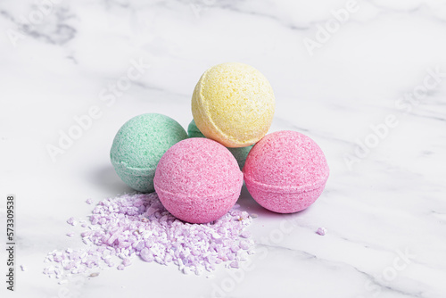 Colorful bath bombs and bath salts. Bath set. Home spa