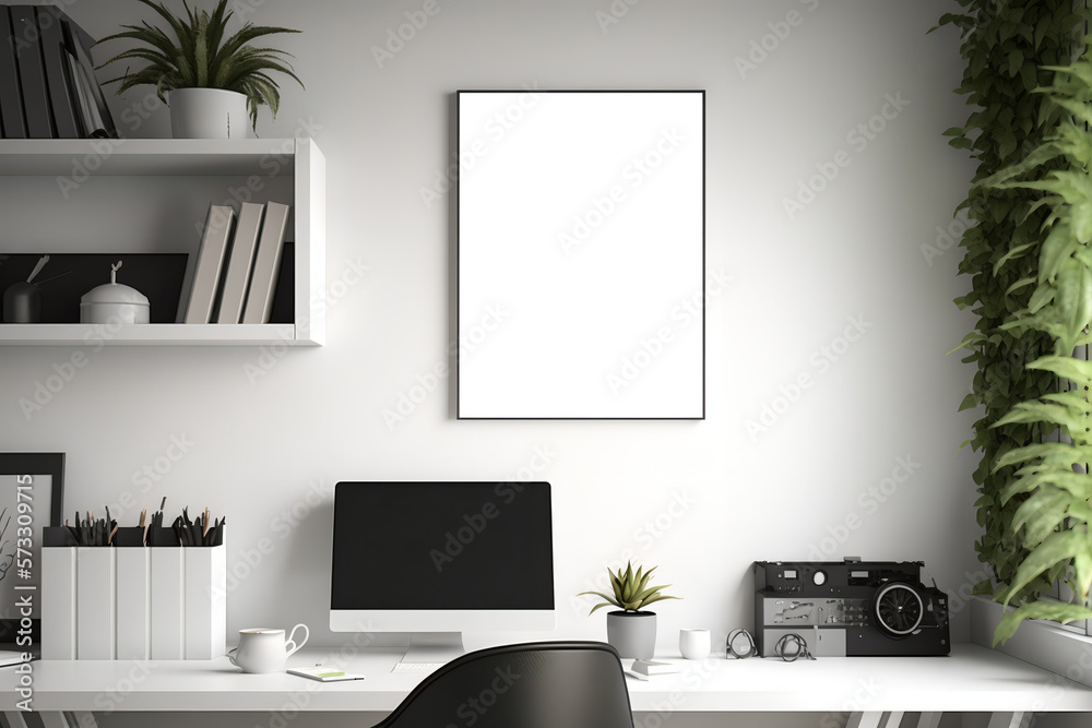 A front view of an elegant home office with a white canvas hanging on