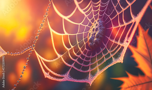 A dew-covered spiderweb in the early morning light