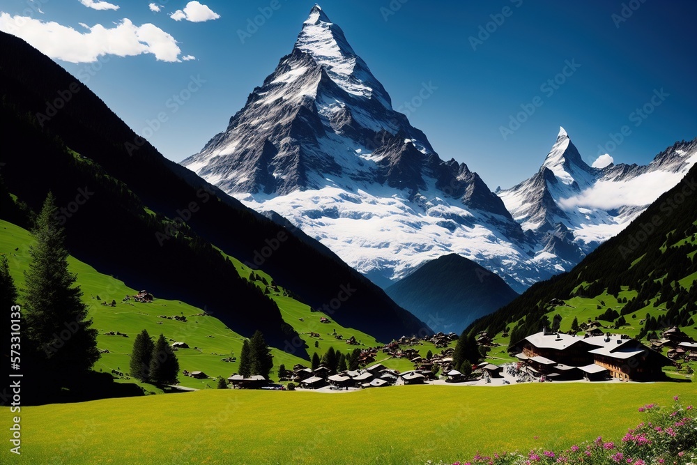 Matterhorn in den Schweizer Bergen, Landschaft, Schweizer Landschaft, einladend, friedlich, generative AI