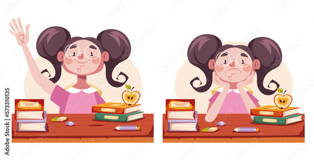 Happy and tired school children characters concept. Graphic design vector illustration Happy and tired school children characters concept. Graphic design vector illustration