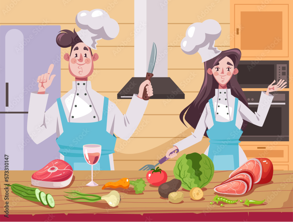 Chef man woman cook at kitchen restaurant gourmet food meal concept. Graphic design vector illustration Chef man woman cook at kitchen restaurant gourmet food meal concept. Graphic design vector illustration