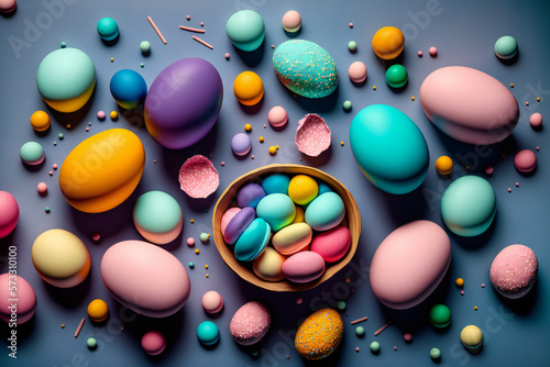 Easter background template with Easter eggs - Greetings and presents for Easter Day - Copy Space - Generative AI  