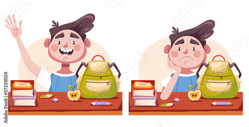Happy and tired school children characters concept. Graphic design vector illustration