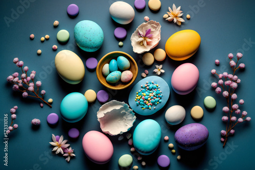 Easter background template with Easter eggs - Greetings and presents for Easter Day - Copy Space - Generative AI 