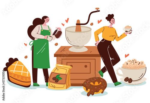 Coffee meeting time to drink. Coffee break cafeteria concept. Graphic design vector illustration