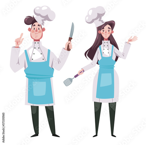 Chef man woman cook at kitchen restaurant gourmet food meal concept. Graphic design vector illustration