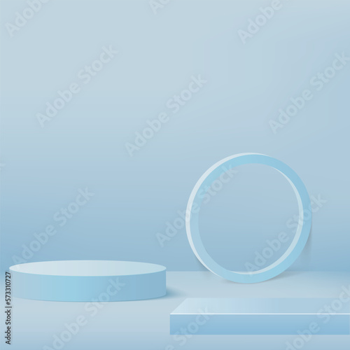 3d blue color podium and minimal blue color wall scene. 3d podium minimal abstract background. Pastel color abstract room design. Vector