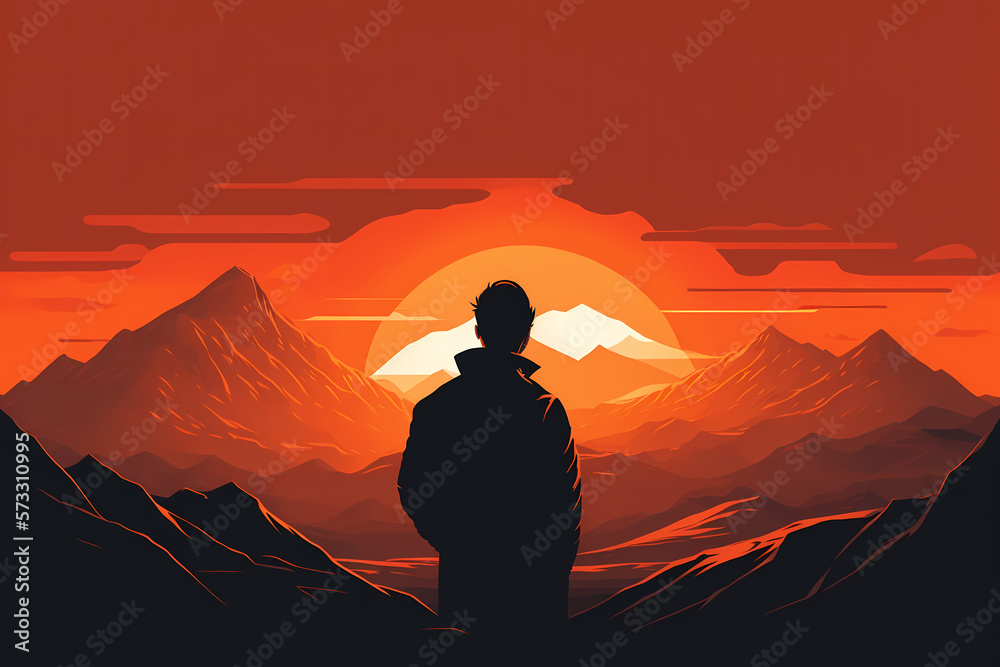 Silhouette of Man Admiring Orange Sunset on Mountains Silhouette of Man Admiring Orange Sunset on Mountains