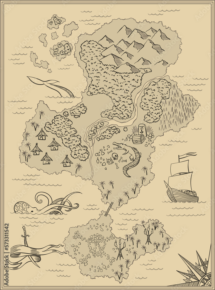Cartoon island map template for next level game - adventures, treasure ...