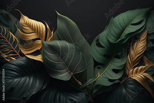 floral background with green blue palm, monstera leaves on dark background