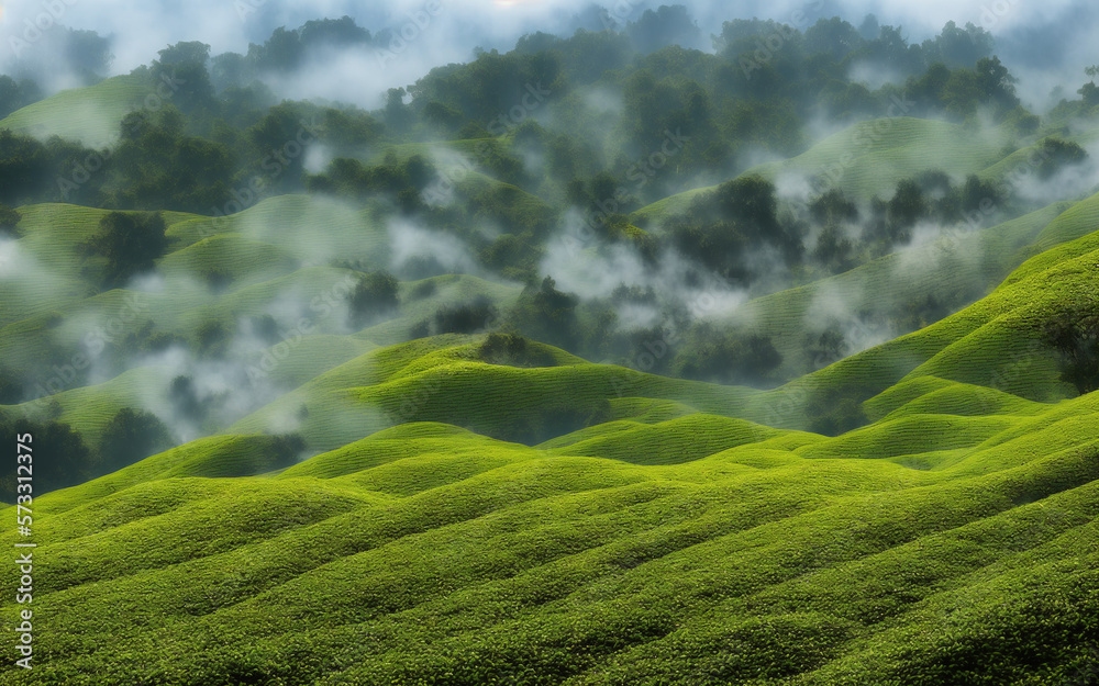 Green tea plantation, generative AI illustrations