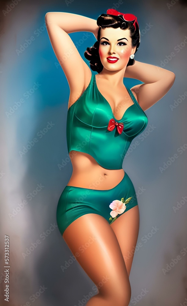 Pin up girl. Generated by AI. A beautiful woman in a bikini. Vintage style.  Stock Illustration