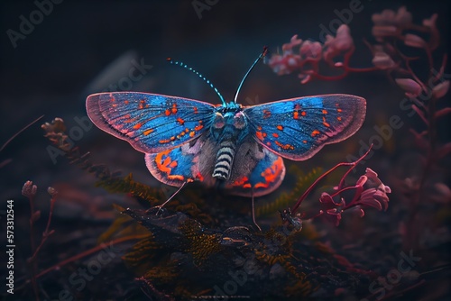 A close-up view of a beautiful butterfly and colorful flowers. Created with Generative AI Technology © EzhmaStudio