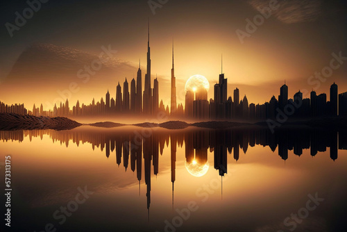 City skyline with skyscrapers in magic sunset, with water reflection. Generative ai.