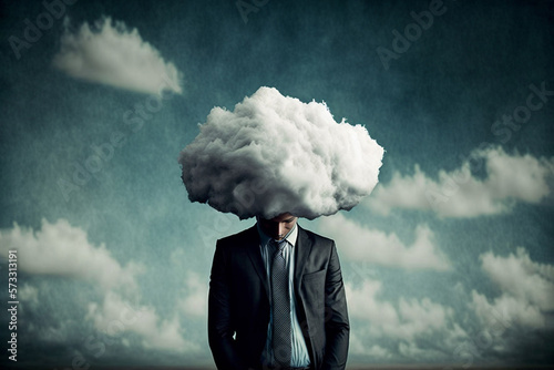 Illustration of a businessman with his head in a cloud. Generated ai.