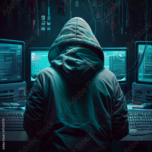 hacker attack, a man in a hood without a face, information protection, surrounded by computers. created using Generative All Technology