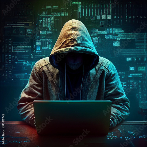 hacker attack, a man in a hood without a face, information protection, surrounded by computers. created using Generative All Technology
