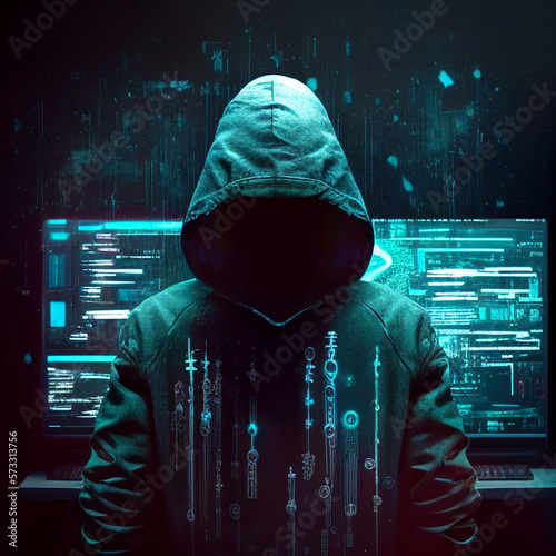 hacker attack, a man in a hood without a face, information protection, surrounded by computers. created using Generative All Technology