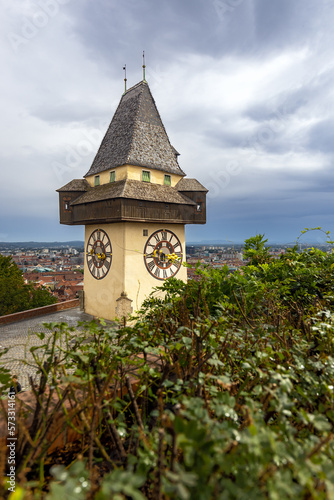 Clock tower on Schlossberg, landmark of Graz, in Styria, Austria