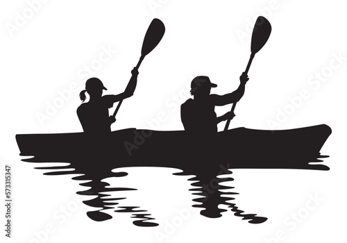 A vector silhouette of a male and female "flat water" kayaking together in a tandem kayak.