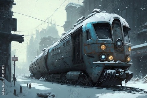 derailed train in cyberpunk snow world made by generative ai