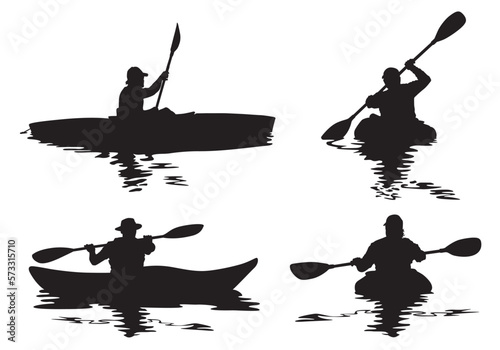 4 vector silhouettes of a man "flat water" kayaking with a silhouette reflection. 
