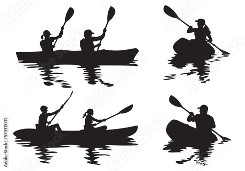 2 vector silhouettes of a male and female "flat water" kayaking together in a tandem kayak. 2 Vector Silhouettes of a man kayaking and a woman kayaking in a single kayak.
