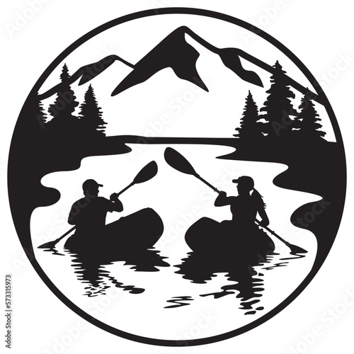 A vector silhouette of a male and female "flat water" kayaking together in separate kayaks in a mountain scene circle design.