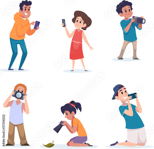 Kids photographers. Little artists making digital photo on high end modern gadgets cameras and smartphones exact vector cartoon template
