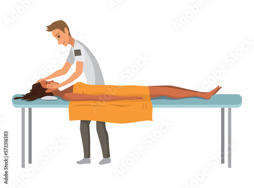 Massage therapist at work. Patient lying on couch, enjoying body relaxing treatment. Physiotherapist practicing massage, isolated cartoon characters. Flat vector illustration