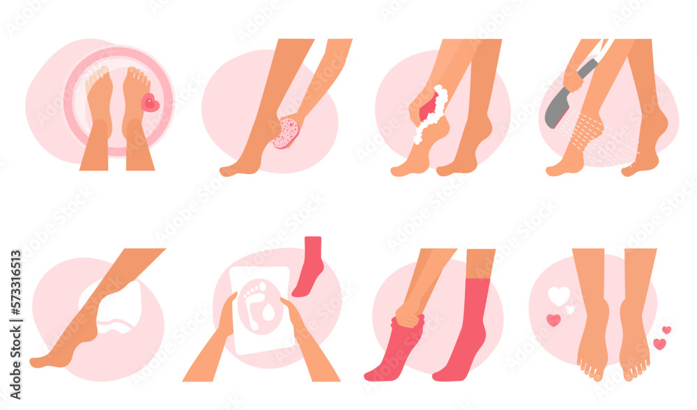 Spa body treatment and foot care set vector illustration. Cartoon girls apply depilatory cream on skin of legs, smooth heels with pumice stone or peeling socks, wash and dry with towel in bathroom