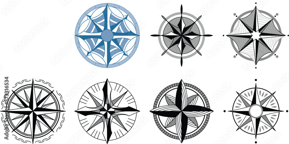 Wind rose compass. Navigation device with indication of the cardinal directions. Sign of vector nautical compass