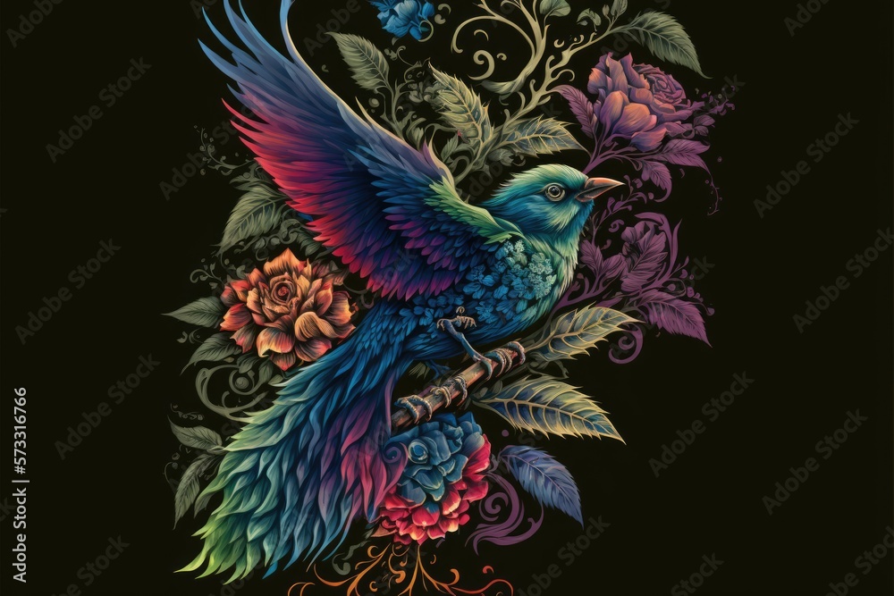 Illustration of a bird with flowers and leaves on a black background