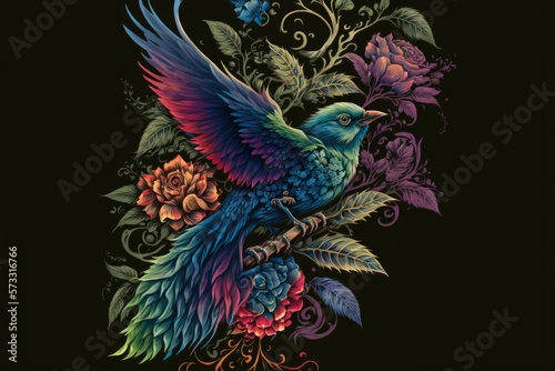 Illustration of a bird with flowers and leaves on a black background