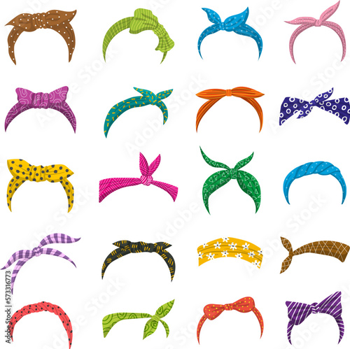Woman headband. Retro fashioned scarf on head for ladies ribbons and bows recent vector collection