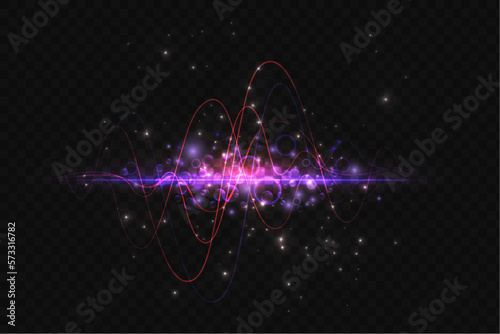 Neon waves of energy or sound and glowing particles with purple light effect vector illustration. Abstract bright digital soundwave or laser swirls and curves in movement, voice or song track