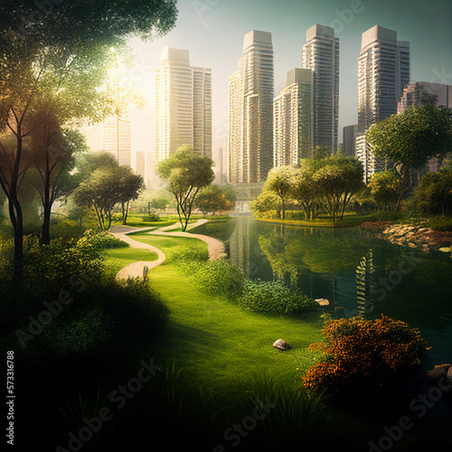 City park with a lawn and trees flat style. Green park with plant environmental and lush grass on a background of town with business skyscrapers high buildings. illustration. Generative AI