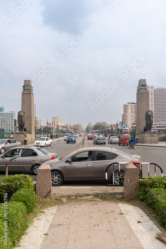 Cairo Bridge spanning the Nile River, with a lot of traffic running on it