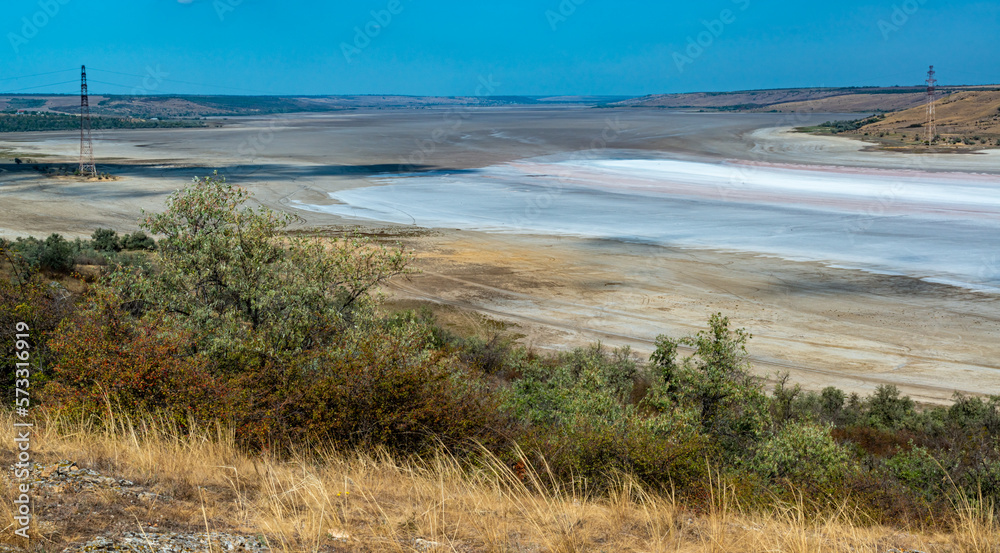 Natural landscape of the south of Ukraine, View of the drying Kuyalnitsky estuary with rose water, in which Artemia salina and Dunaliella algae live