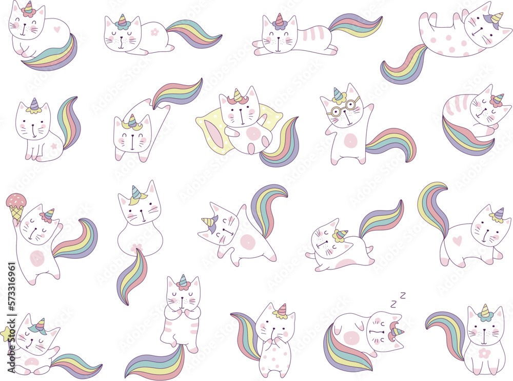 Obraz premium Kawaii cats. Funny happy animals fantasy unicorns in action poses recent vector illustrations set