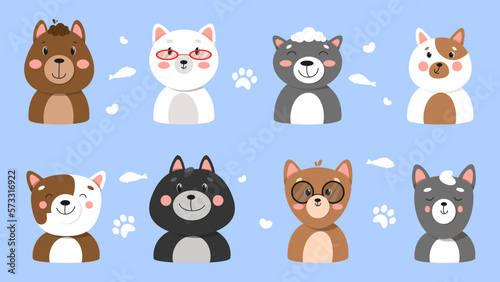 Cute cats collection, isolated, Cute pets face collection