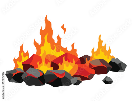 Burning coal. Realistic bright flame fire on coals heap. Closeup vector illustration for grill blaze fireplace, hot carbon or glowing charcoal image